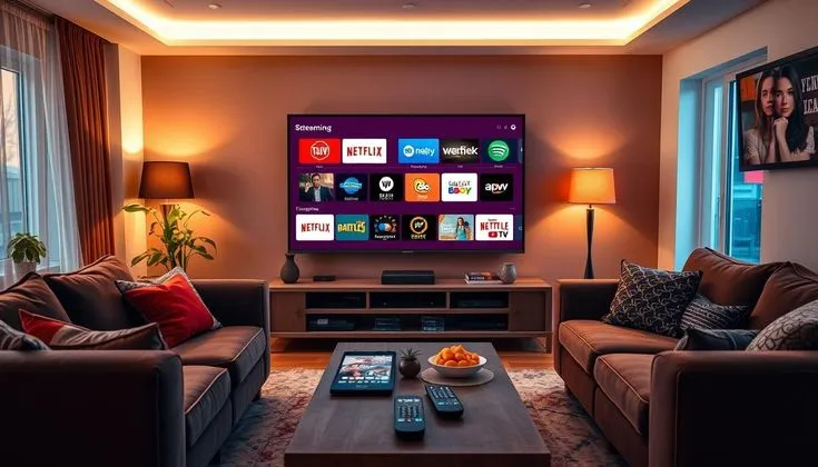 Ilustrasi seseorang sedang menikmati streaming film di laptop dengan nyaman.
